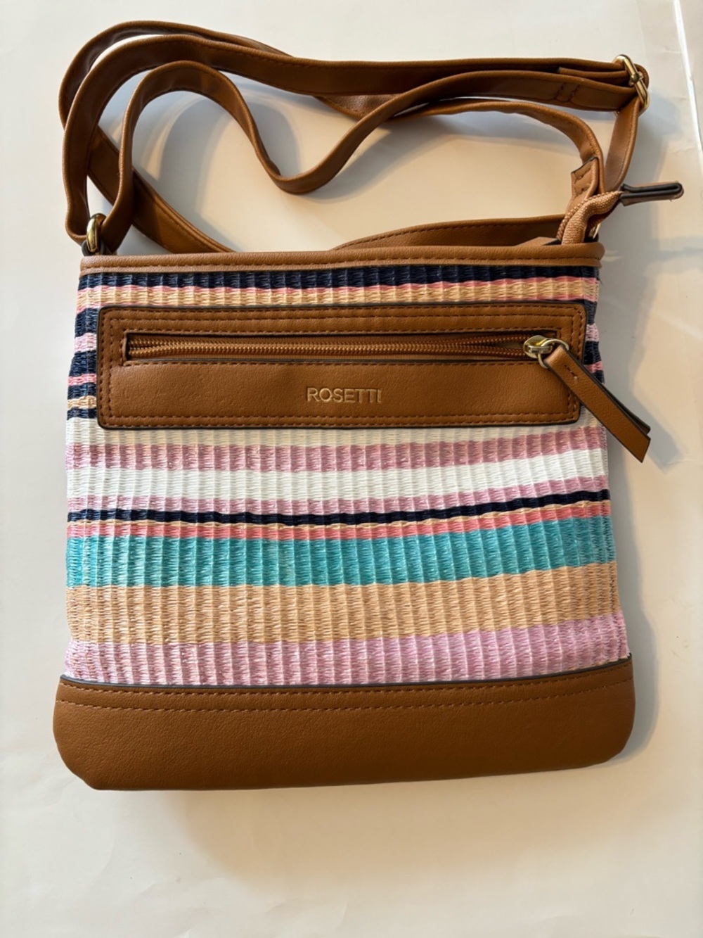 Rosetti Tan Crossbody with Pastel Stripe Panel
